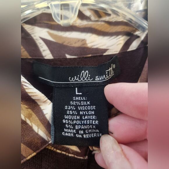 Willi Smith L Women's Brown Cardigan with Patterned Collar and Cuff SILK Blend - Picture 3 of 8